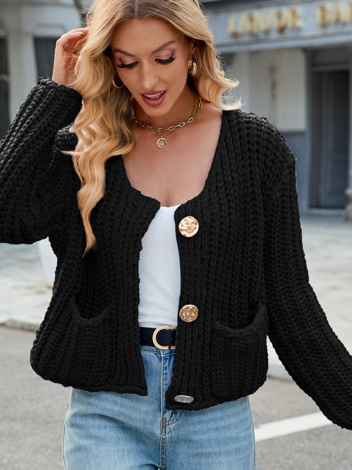 Round Neck Button Up Cardigan with Pockets - Amexza