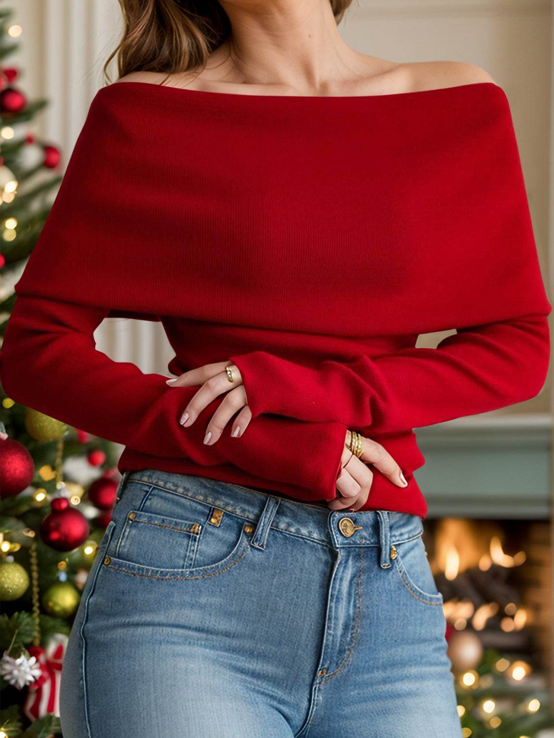 Off-Shoulder Long Sleeve Sweater - Amexza