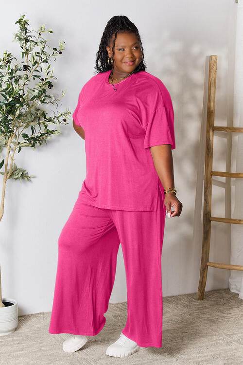 Double Take Full Size Round Neck Slit Top and Pants Set for a perfect OOTD – dress to impress outfits from Amexza