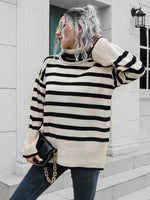 Striped Slit Turtleneck Drop Shoulder Sweater for a perfect OOTD – dress to impress outfits from Amexza