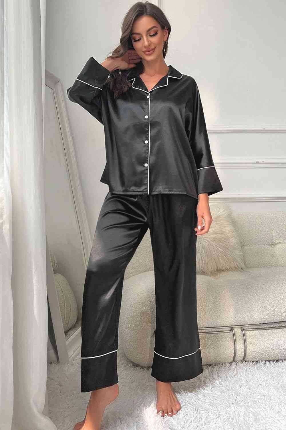 Contrast Piping Button-Up Top and Pants Pajama Set Black for a perfect OOTD – dress to impress outfits from Amexza