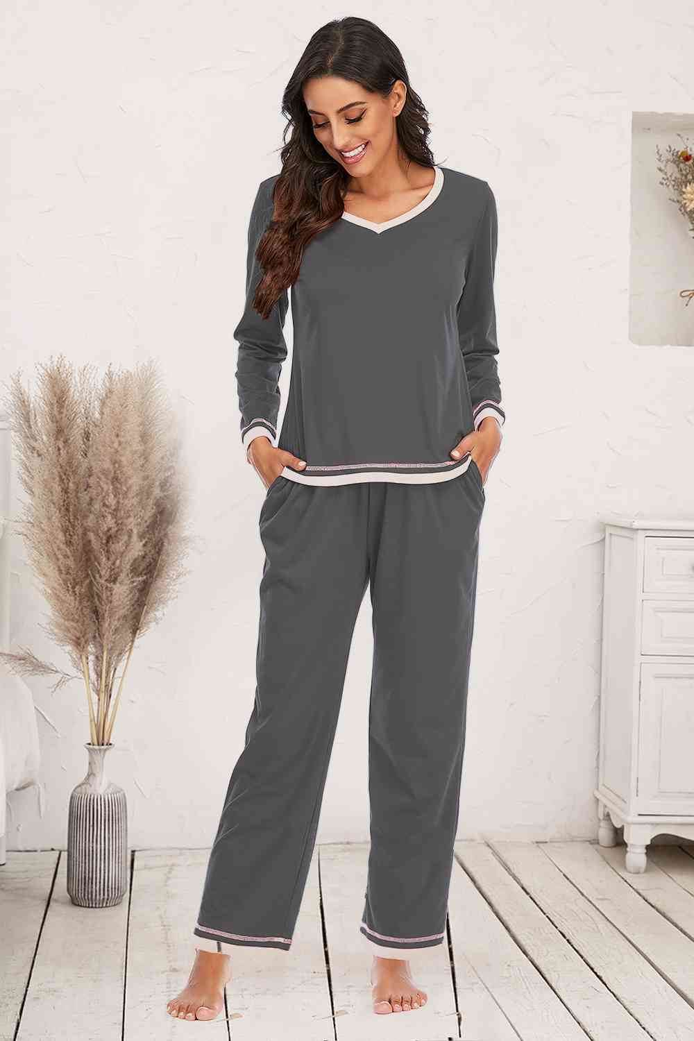 V-Neck Top and Pants Lounge Set - Amexza