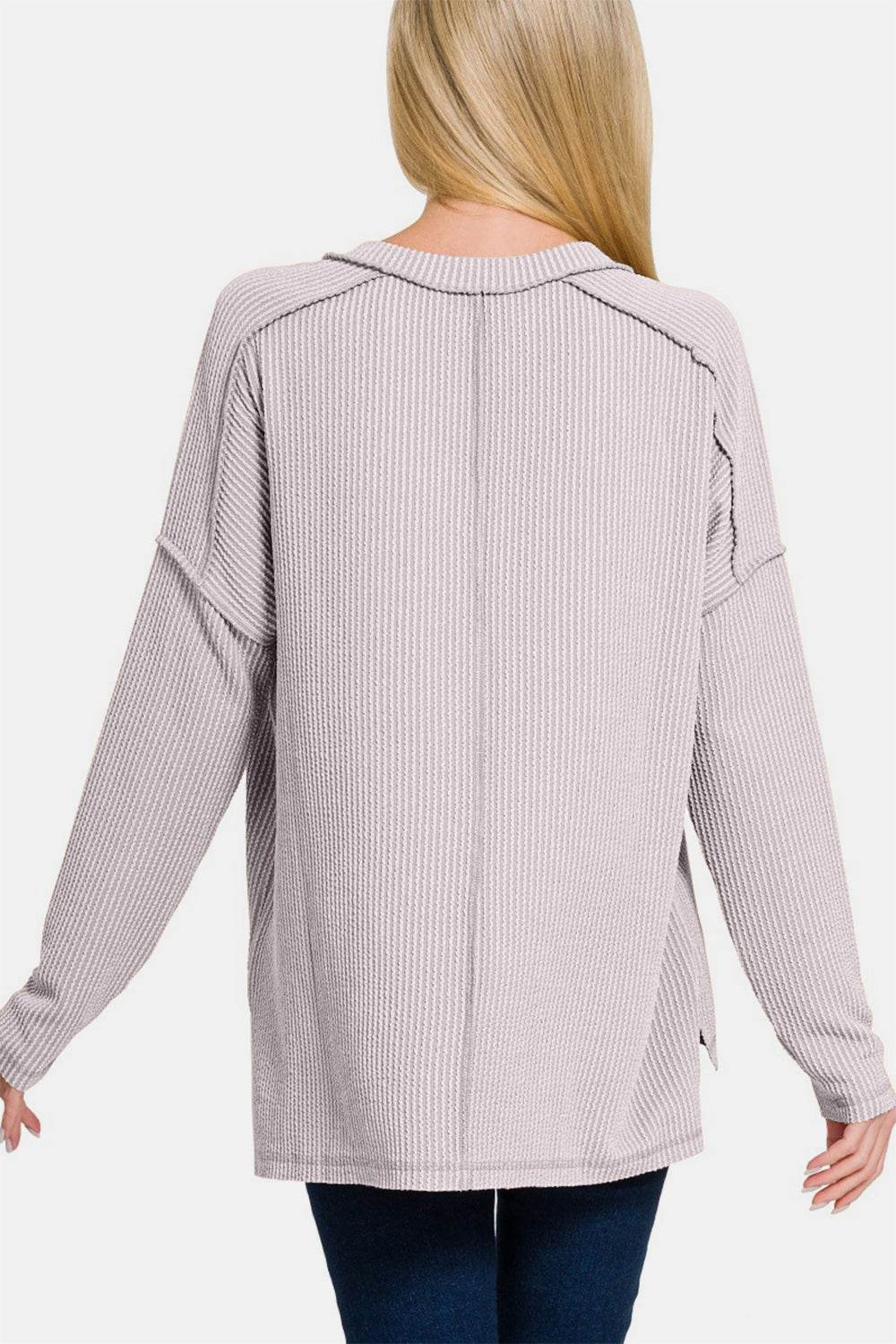 Zenana Texture Exposed Seam V-Neck Long Sleeve T-Shirt for a perfect OOTD – dress to impress outfits from Amexza