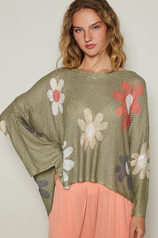 POL Flower Dropped Shoulder Long Sleeve Knit Top Olive for a perfect OOTD – dress to impress outfits from Amexza