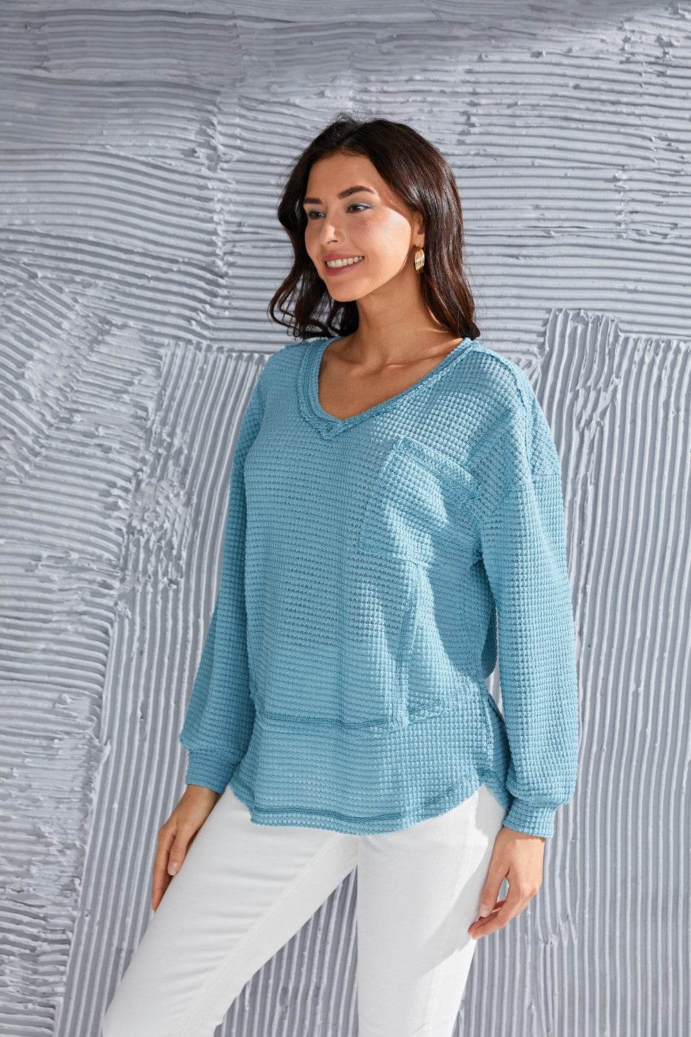 Waffle-Knit V-Neck Blouse with Breast Pocket - Amexza