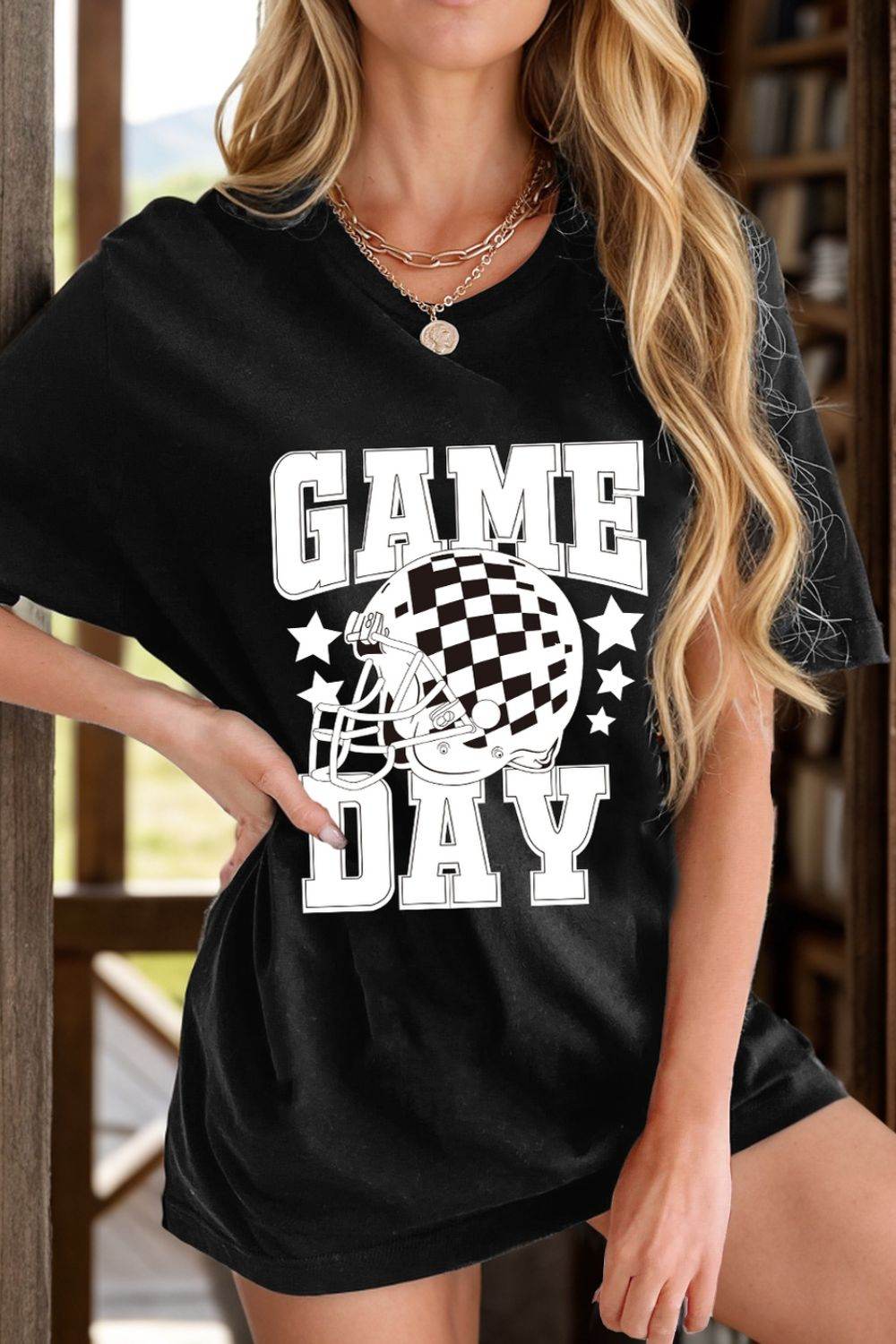 GAME DAY Round Neck Short Sleeve T-Shirt Black for a perfect OOTD – dress to impress outfits from Amexza