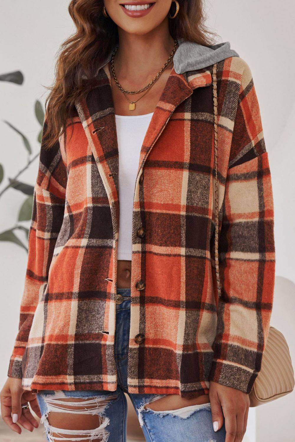 Plaid Button Up Hooded Shacket Orange for a perfect OOTD – dress to impress outfits from Amexza