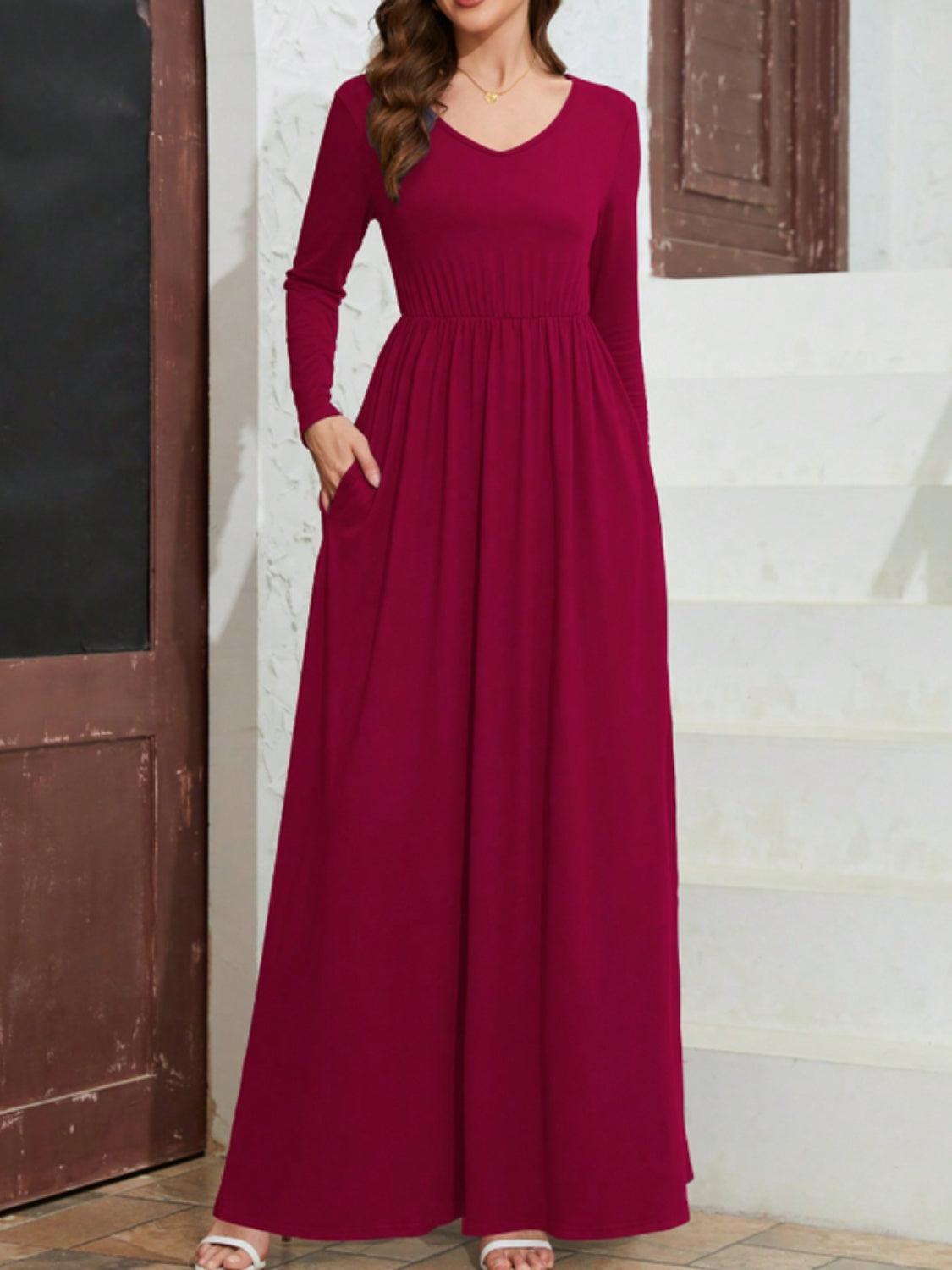 Pocketed V-Neck Long Sleeve Maxi Dress - Burgundy / S