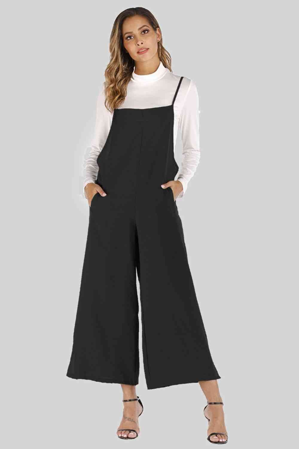 Full Size Cropped Wide Leg Overalls with Pockets Black for a perfect OOTD – dress to impress outfits from Amexza