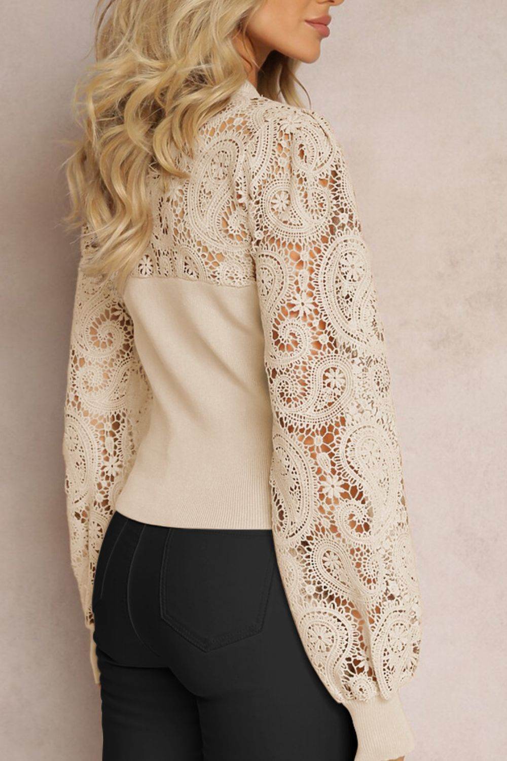 Lace Patchwork Round Neck Long Sleeve Blouse for a perfect OOTD – dress to impress outfits from Amexza