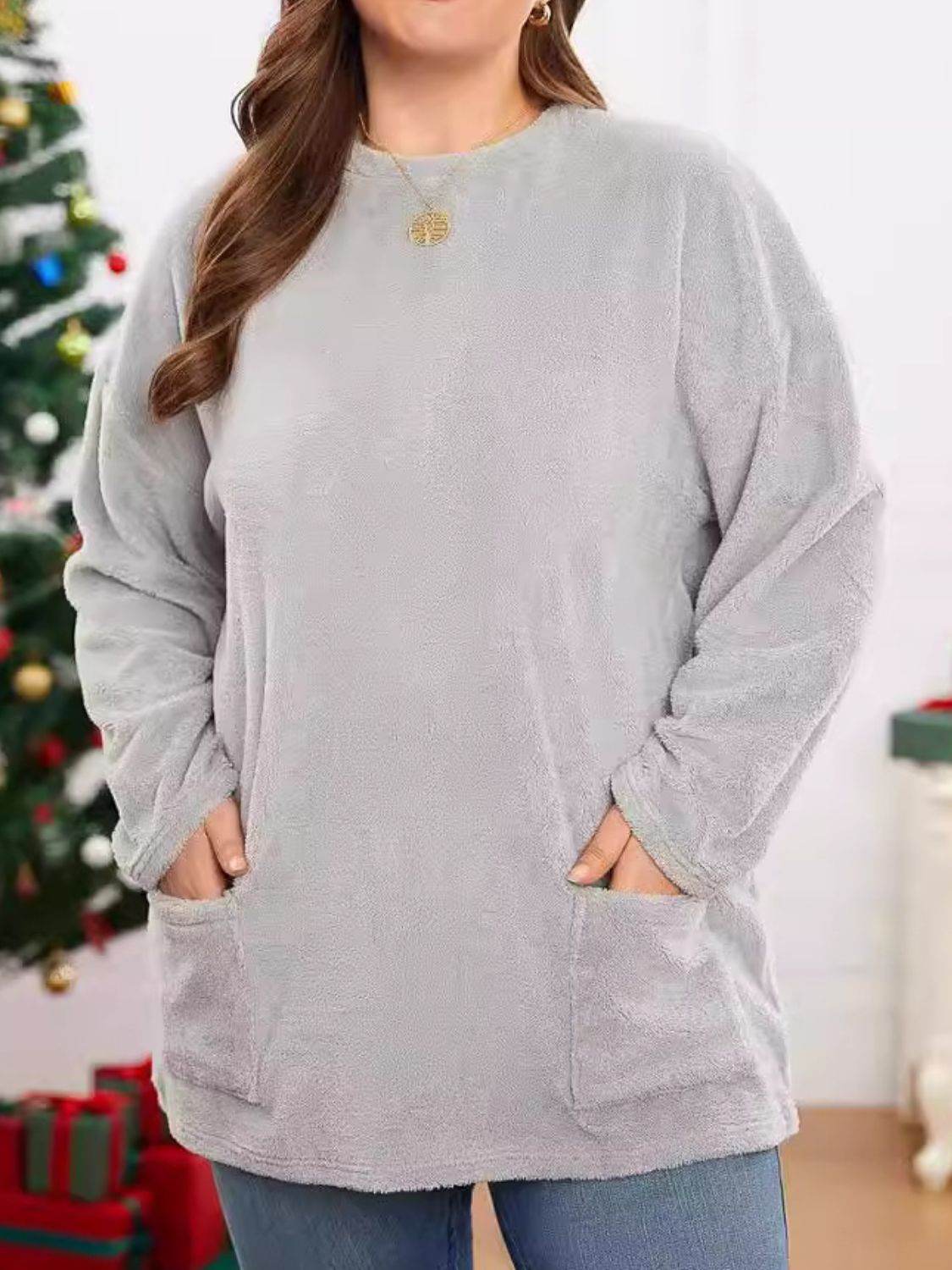 Fuzzy Round Neck Long Sleeve Top Light Gray for a perfect OOTD – dress to impress outfits from Amexza