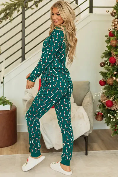 Candy Cane Print Round Neck Top and Pants Lounge Set for a perfect OOTD – dress to impress outfits from Amexza