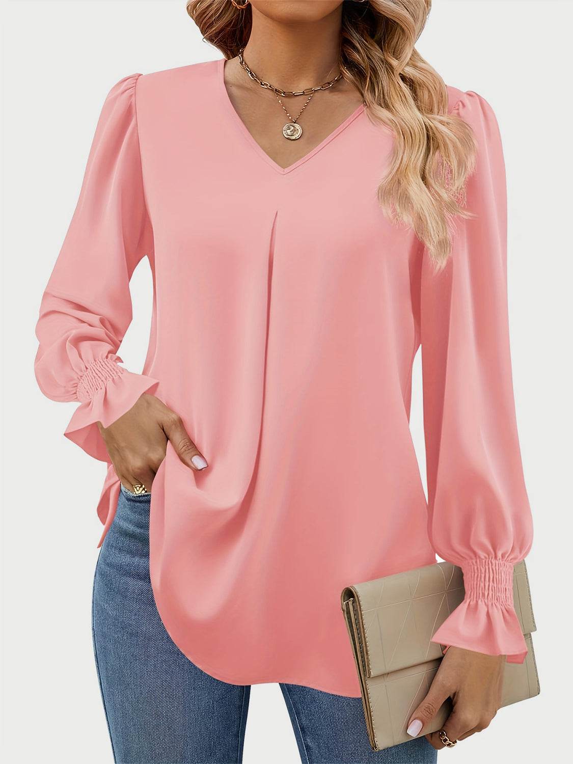 V-Neck Flounce Sleeve Top for a perfect OOTD – dress to impress outfits from Amexza