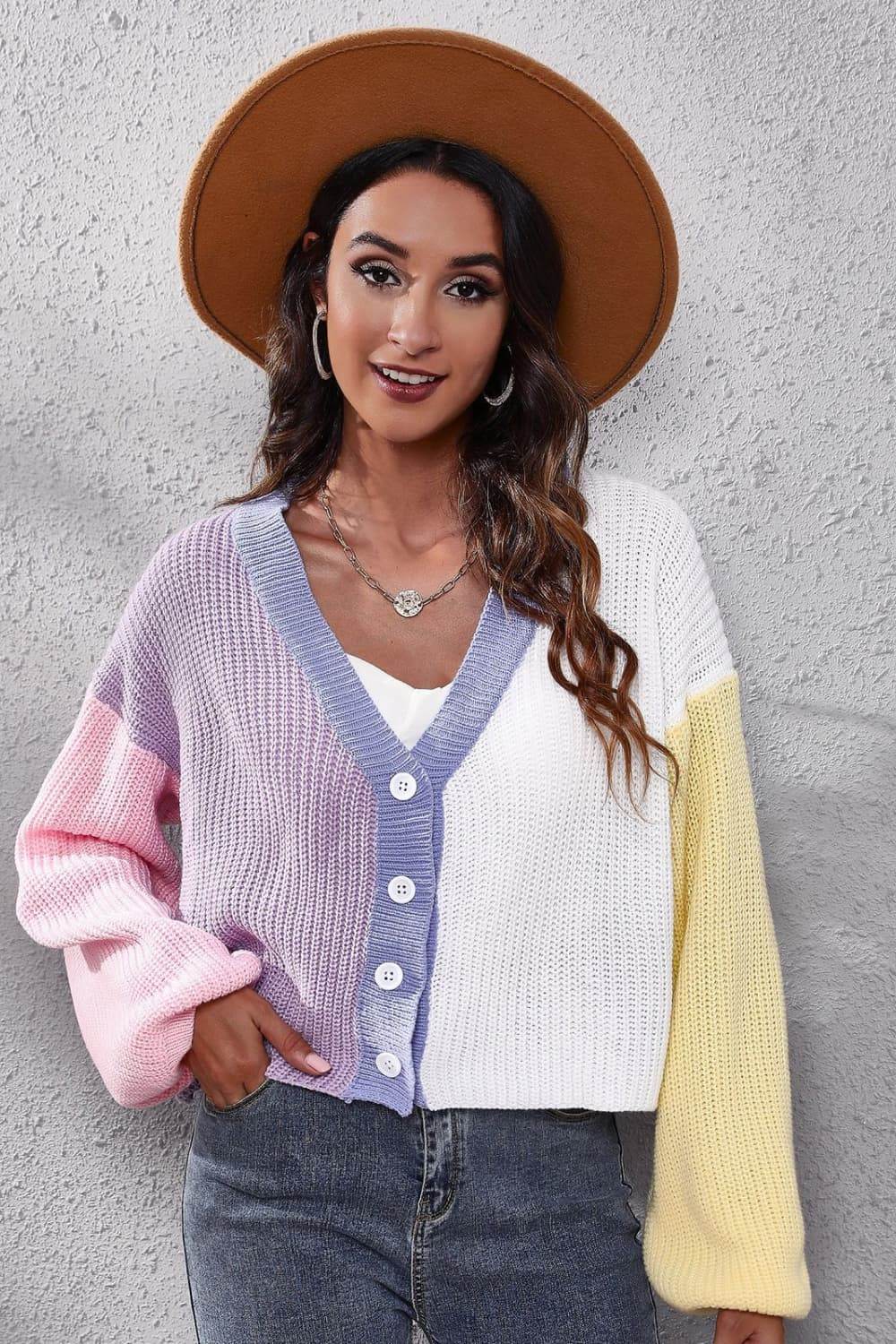 Color Block Ribbed Long Sleeve Cardigan Lavender White for a perfect OOTD – dress to impress outfits from Amexza