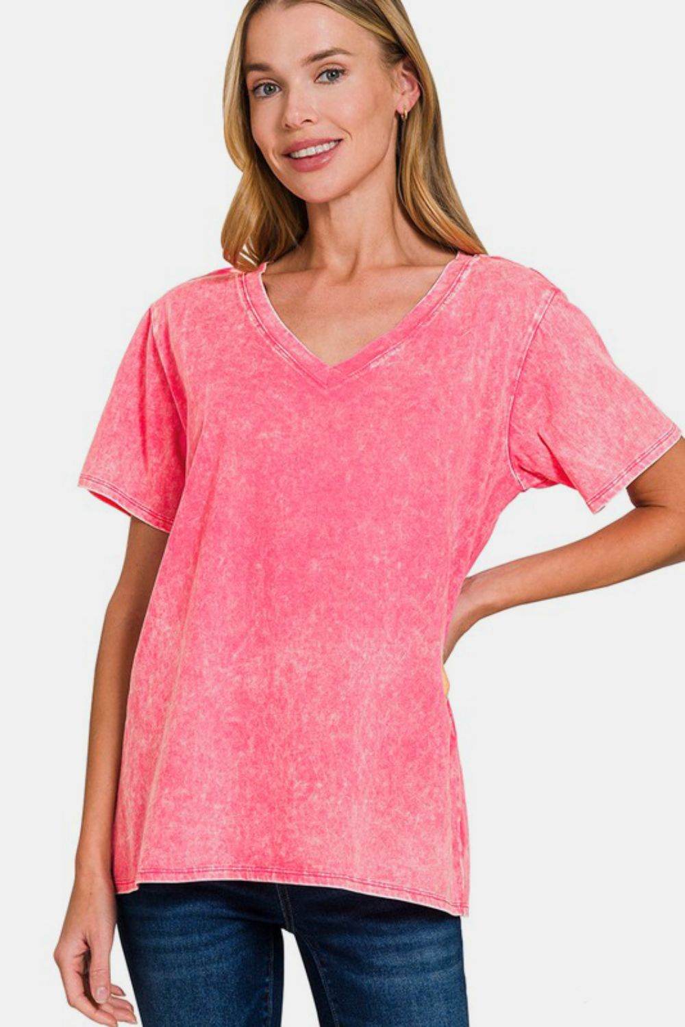 Zenana Full Size Washed Short Sleeve V-Neck T-Shirt Strawberry for a perfect OOTD – dress to impress outfits from Amexza