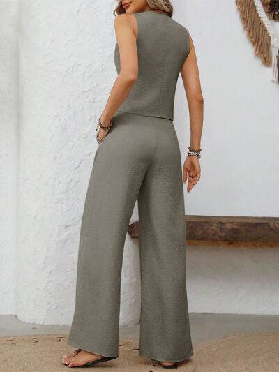 V-Neck Button Down Vest and Wide Leg Pants Set for a perfect OOTD – dress to impress outfits from Amexza