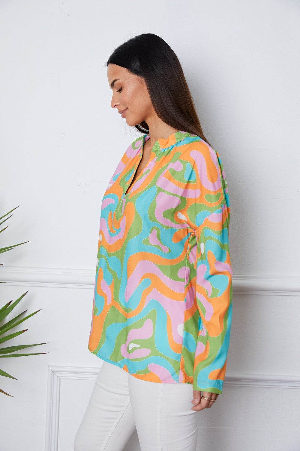 Printed Notched Long Sleeve Blouse for a perfect OOTD – dress to impress outfits from Amexza