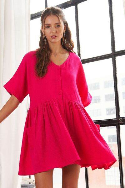 ADORA V-Neck Half Sleeve Dress with Pockets Hot Pink for a perfect OOTD – dress to impress outfits from Amexza