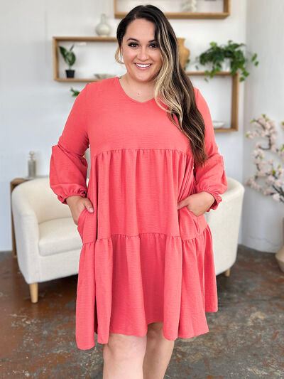 Double Take Full Size V-Neck Balloon Sleeve Tiered Dress with Pockets Coral for a perfect OOTD – dress to impress outfits from Amexza