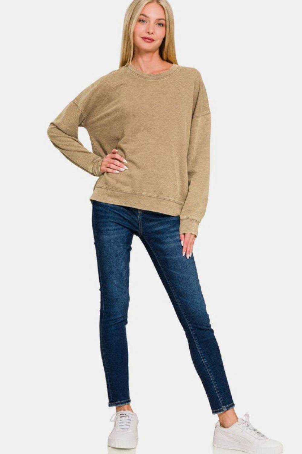 Zenana Washed Round Neck Dropped Shoulder Sweatshirt - Amexza