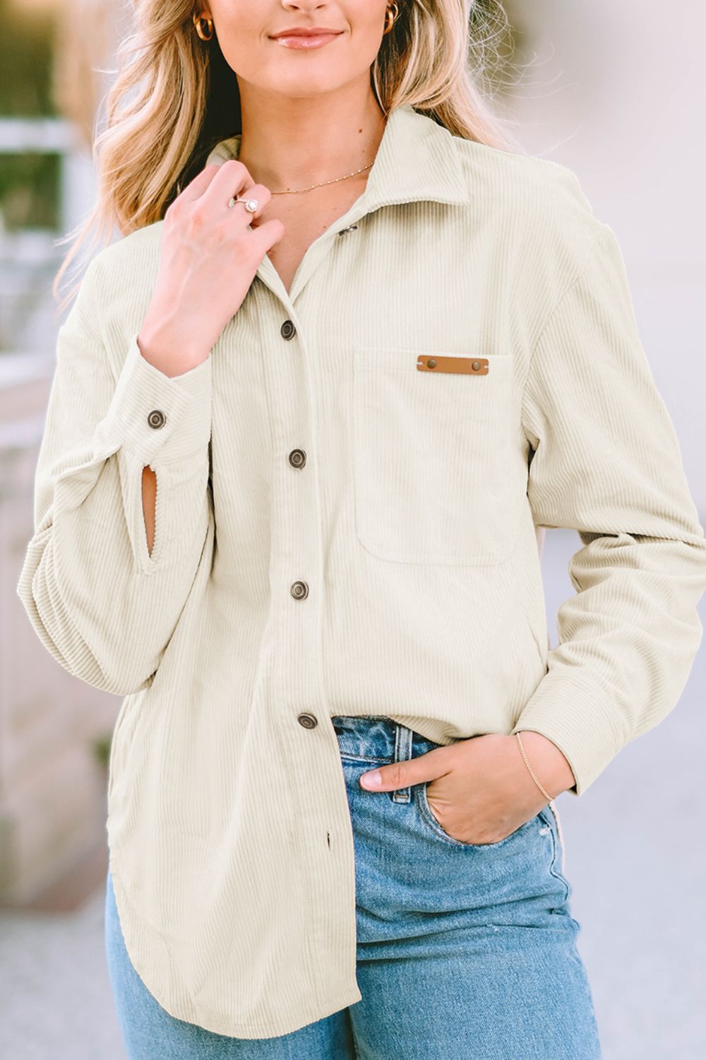 Corduroy Button Up Pocketed Shacket Beige for a perfect OOTD – dress to impress outfits from Amexza