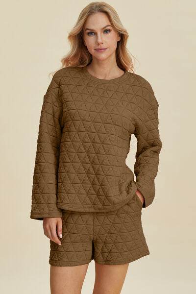 Double Take Full Size Texture Round Neck Long Sleeve Top and Shorts Set Coffee Brown for a perfect OOTD – dress to impress outfits from Amexza