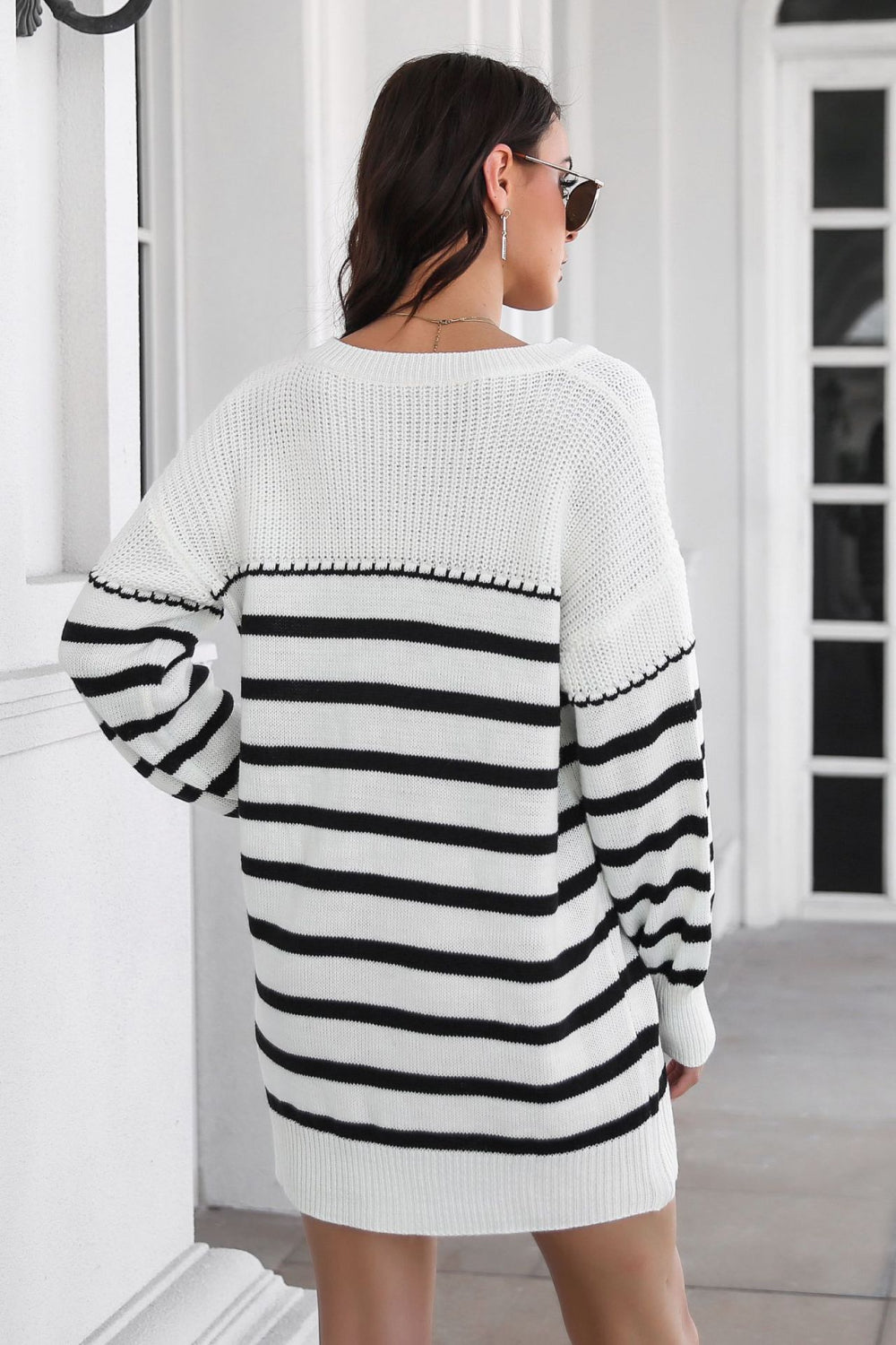 Striped V-Neck Drop Shulder Sweater Dress for a perfect OOTD – dress to impress outfits from Amexza