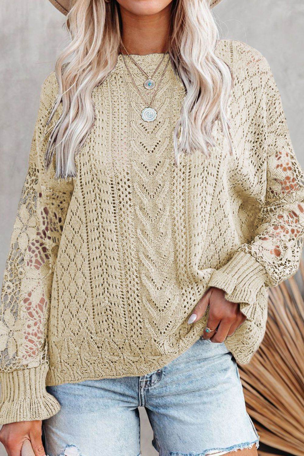 Openwork Round Neck Long Sleeve Sweater Beige for a perfect OOTD – dress to impress outfits from Amexza