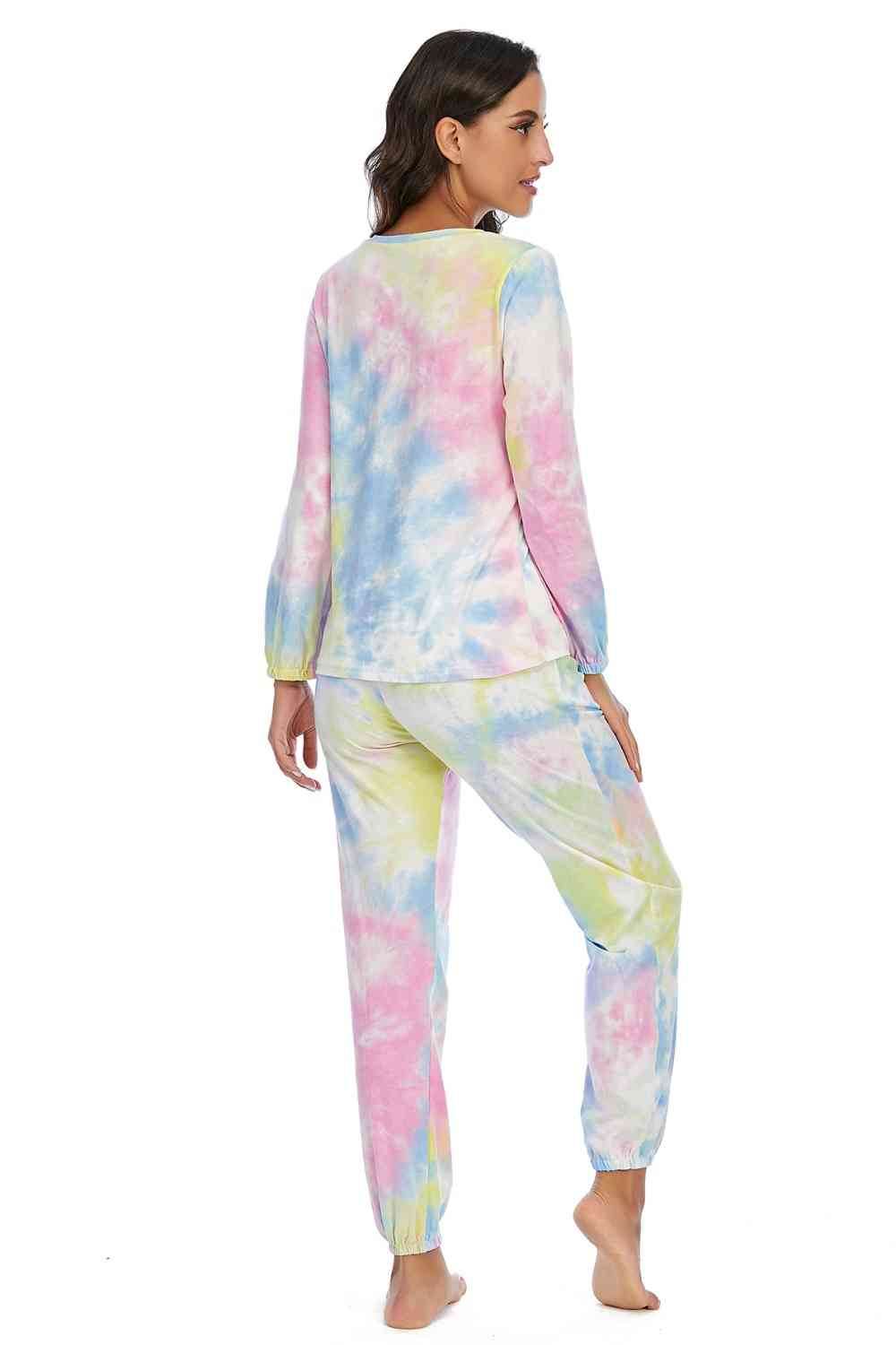 Tie-Dye Top and Drawstring Pants Lounge Set - Amexza