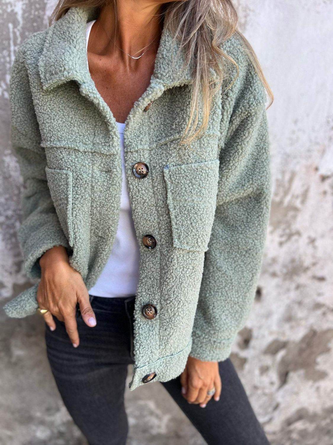 Full Size Fuzzy Button Up Drop Shoulder Jacket for a perfect OOTD – dress to impress outfits from Amexza