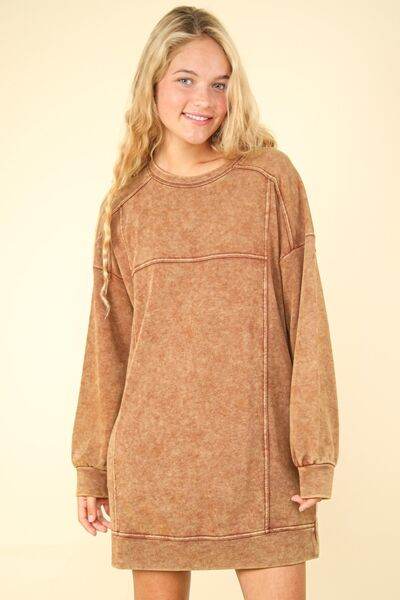 VERY J Mineral Washed Oversized Sweatshirt Mini Dress Camel for a perfect OOTD – dress to impress outfits from Amexza