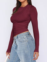 Ruched Asymmetrical Neck Long Sleeve T-Shirt - Amexza