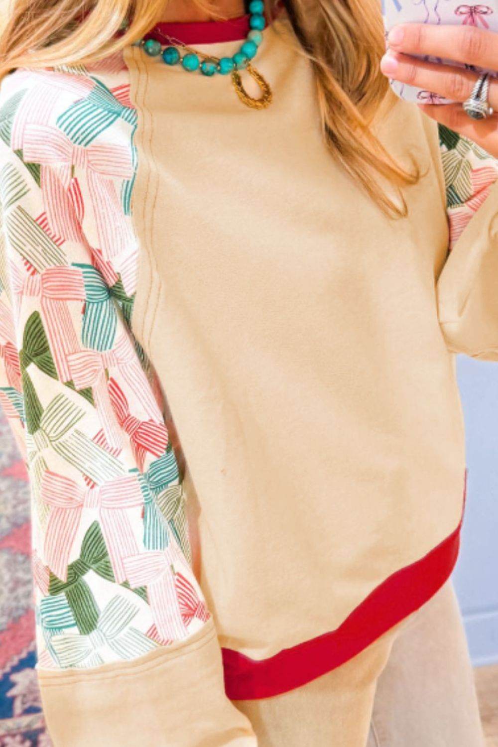 Printed Round Neck Long Sleeve Sweatshirt Beige for a perfect OOTD – dress to impress outfits from Amexza