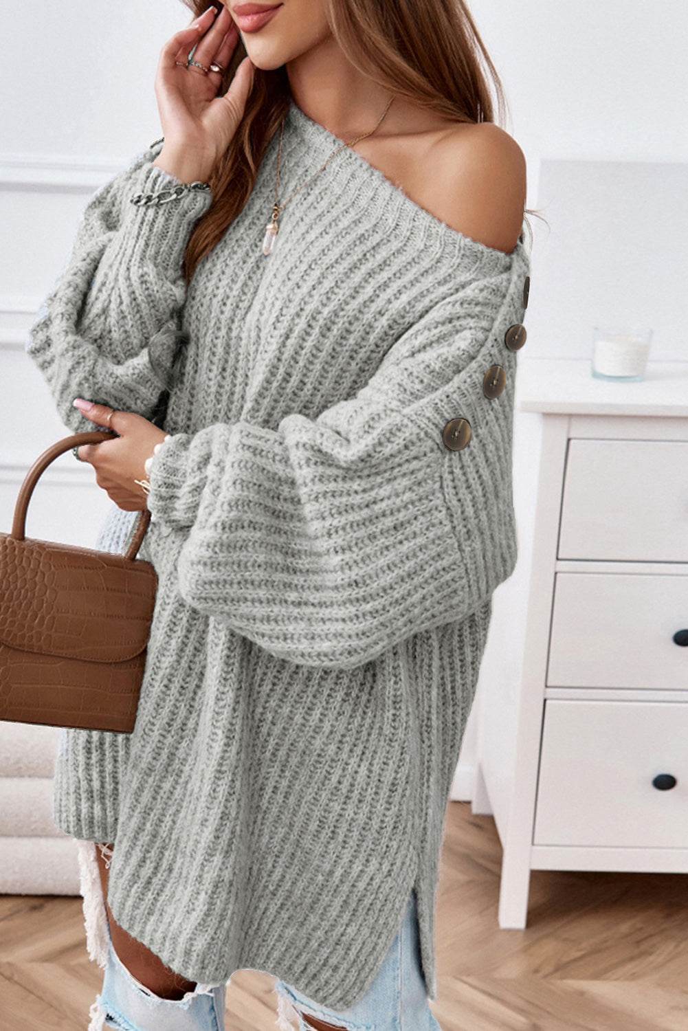 Buttoned Boat Neck Slit Sweater Light Gray for a perfect OOTD – dress to impress outfits from Amexza