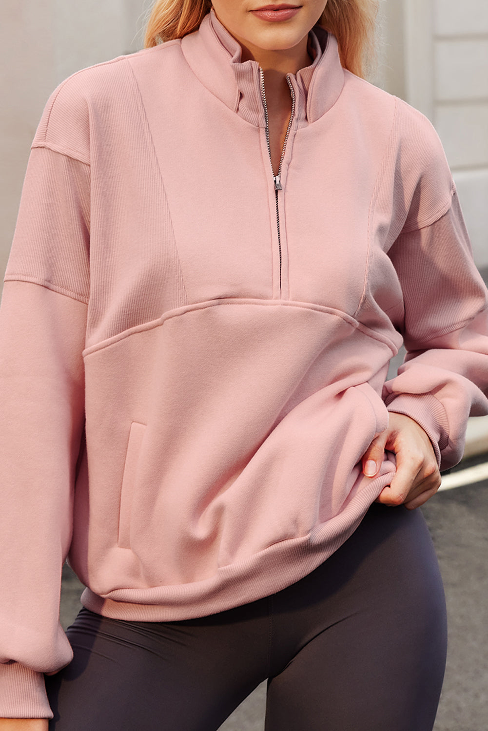 Half Zip Drop Shoulder Long Sleeve Sweatshirt Pale Blush for a perfect OOTD – dress to impress outfits from Amexza