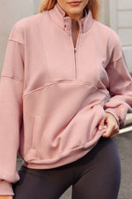 Half Zip Drop Shoulder Long Sleeve Sweatshirt Pale Blush for a perfect OOTD – dress to impress outfits from Amexza