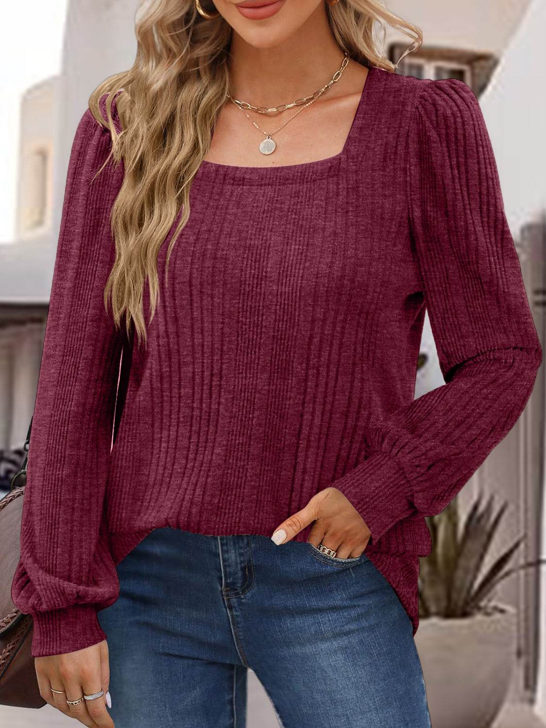 Square Neck Long Sleeve Top Burgundy for a perfect OOTD – dress to impress outfits from Amexza