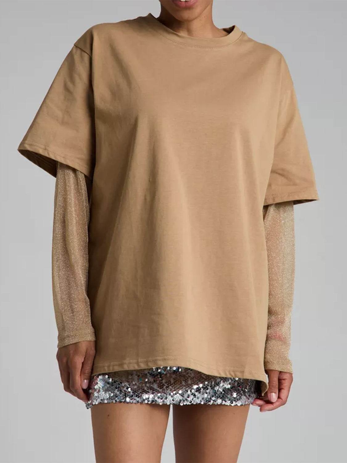 Faux Layered Round Neck Mesh Sleeve Top - Amexza