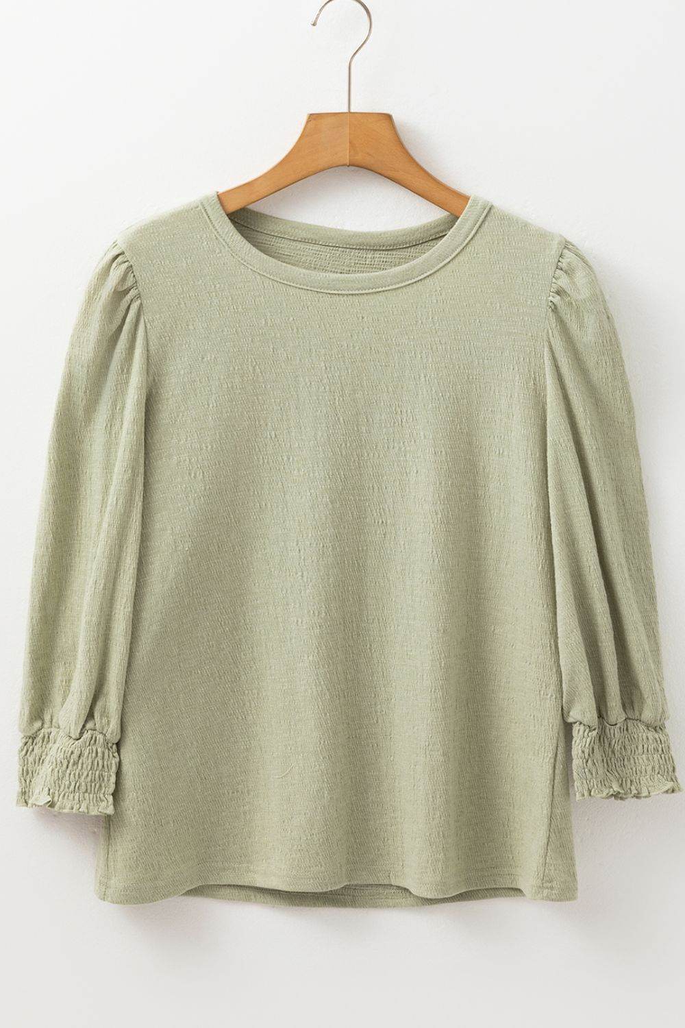 Textured Round Neck Three-Quarter Sleeve Blouse - Amexza