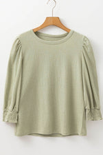 Textured Round Neck Three-Quarter Sleeve Blouse - Amexza