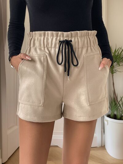 Perfee Frill Drawstring Shorts with Pockets Tan for a perfect OOTD – dress to impress outfits from Amexza