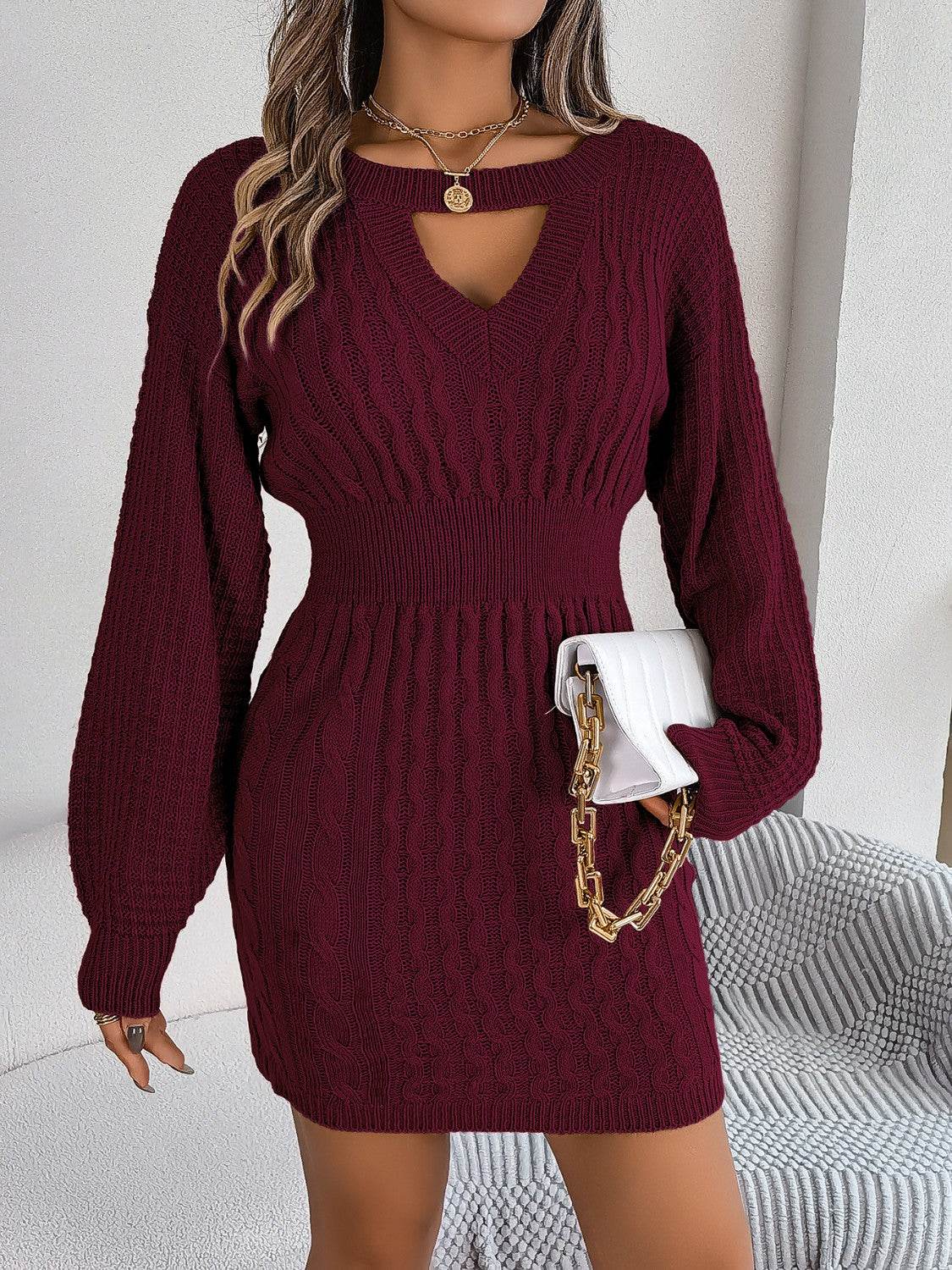 Cable-Knit Cutout Round Neck Slit Sweater Dress Wine for a perfect OOTD – dress to impress outfits from Amexza