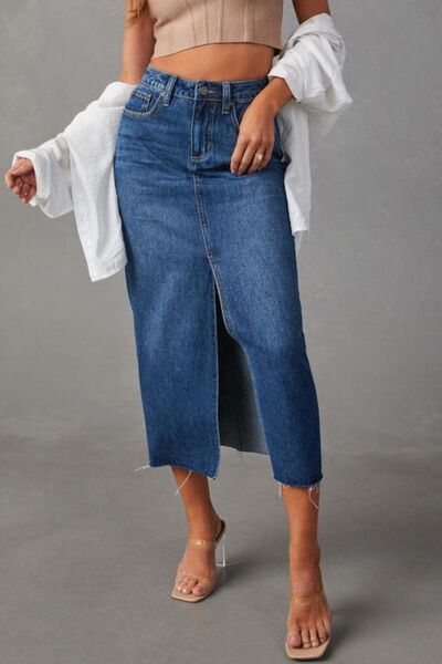 Slit Raw Hem Midi Denim Skirt Dark Blue for a perfect OOTD – dress to impress outfits from Amexza