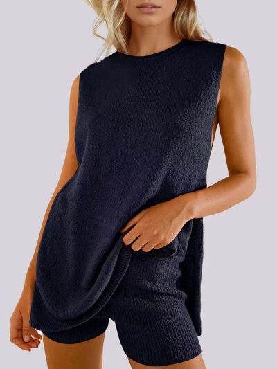 Mandy Side Slit Round Neck Tank and Shorts Sweater Set Dark Blue for a perfect OOTD – dress to impress outfits from Amexza