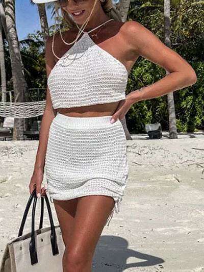 Tied Top and Drawstring Mini Skirt Set White for a perfect OOTD – dress to impress outfits from Amexza