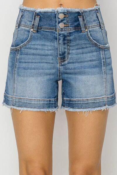 RISEN High Rise Seam Detailed Raw Edge Denim Shorts - Amexza