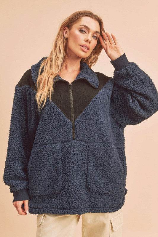 Aemi+Co Two Tone Half Zip Fleece Sweatshirt Navy for a perfect OOTD – dress to impress outfits from Amexza