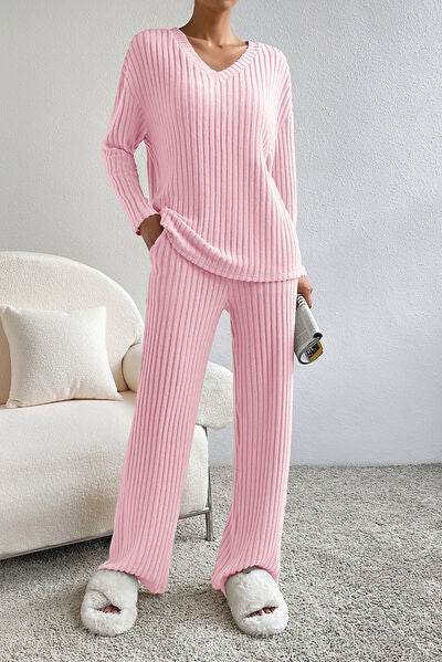 Ribbed V-Neck Top and Pants Lounge Set Carnation Pink for a perfect OOTD – dress to impress outfits from Amexza