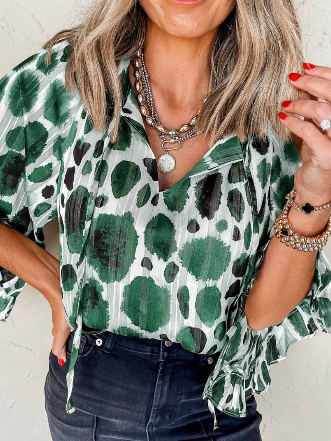 Printed Tie Neck Three-Quarter Sleeve Blouse Dark Green for a perfect OOTD – dress to impress outfits from Amexza