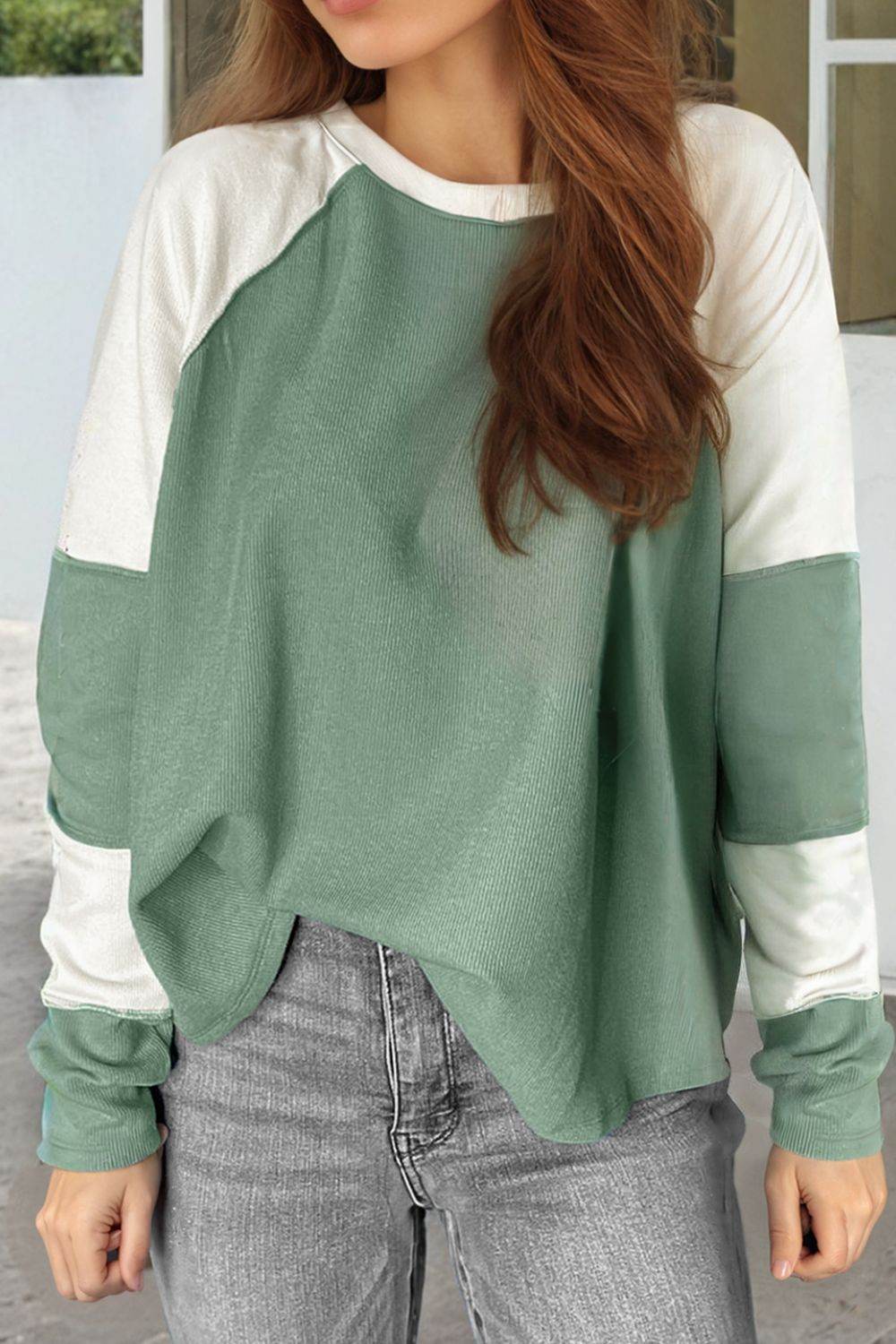 Color Block Round Neck Raglan Sleeve Top - Amexza